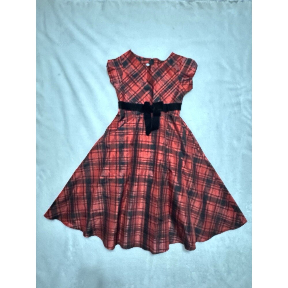 Bonnie Jean Girls Sz 8 Red Black Dress Plaid Party Bow Christmas Dress Holidays